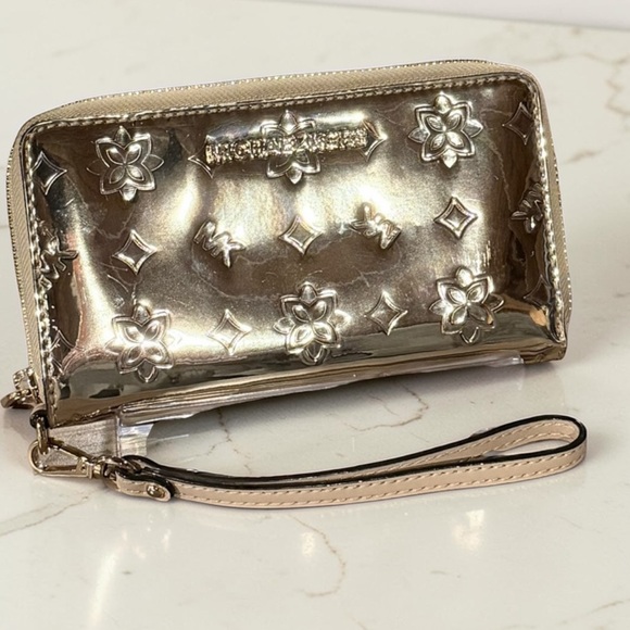 Michael Kors Adele Gold Metallic Embossed Logo Smartphone Wallet Wristlet